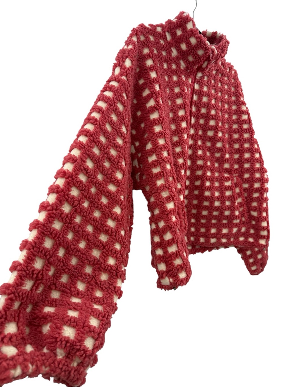 Textured Grid Checkered Sherpa Zip Jacket Pink Cream Oversized Cozy Cropped, L - Picture 5 of 15